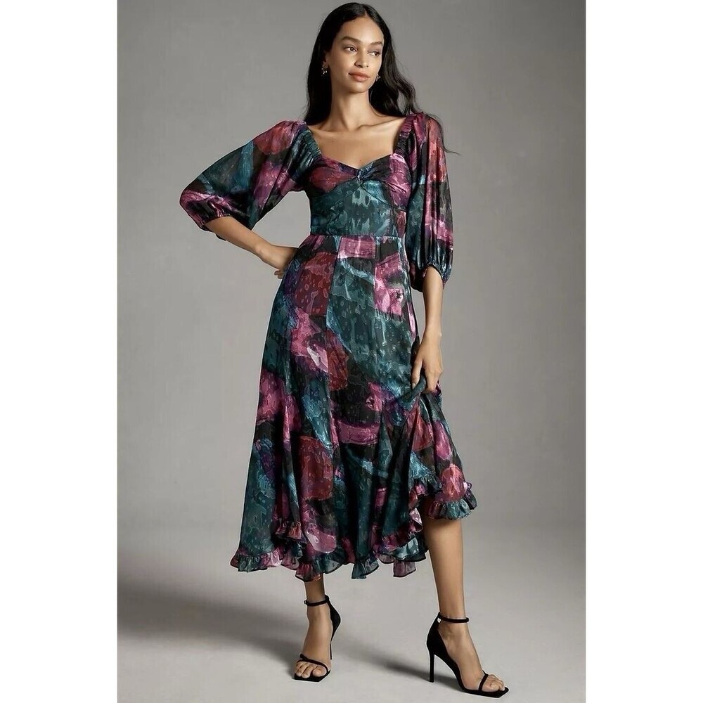 Hutch Abstract Floral Midi Dress Petite Size M Multicolor Puff Sleeve Babydoll